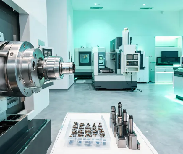 Machine tool showroom with CNC lathes and tooling